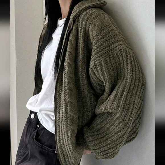 Drop Shoulder Zipper Front Cardigan - Picture 2 of 5